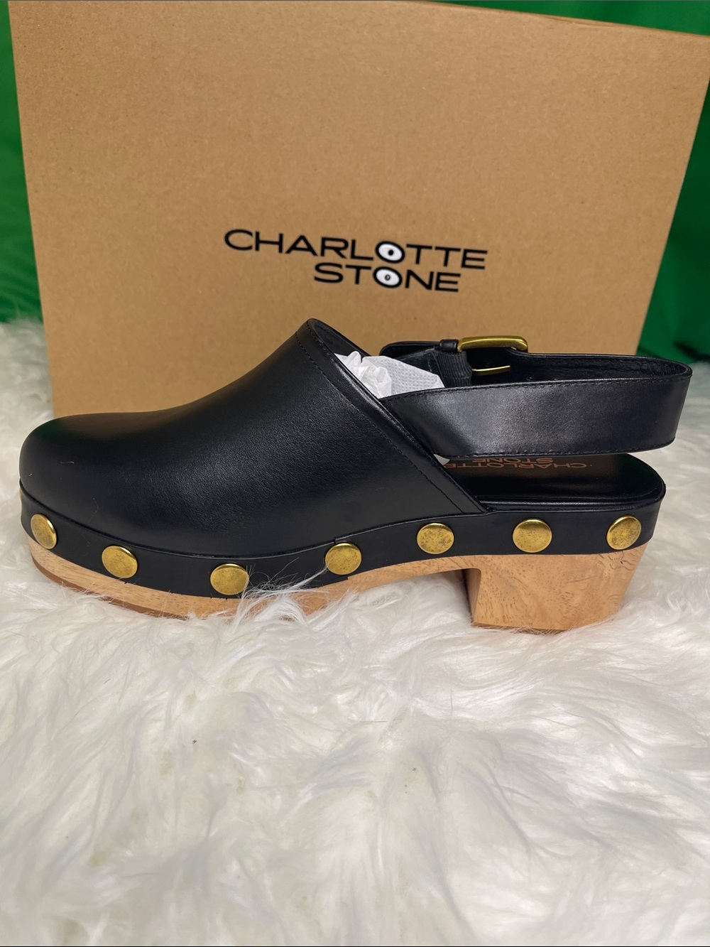 Charlotte Stone Jona Black Leather Studded Slingback Platform Clogs-w/box & tote - Picture 6 of 14